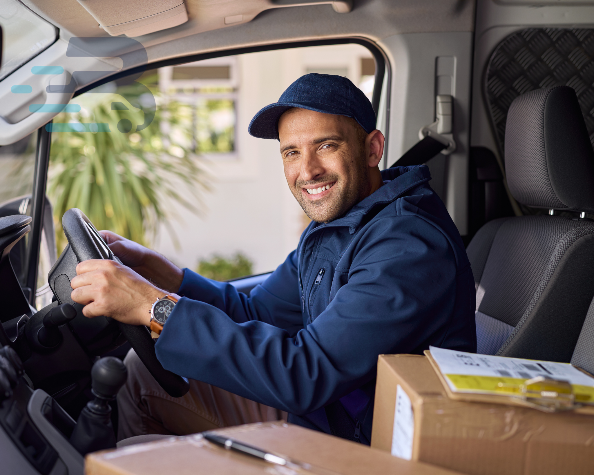 Professional courier seated in a delivery van